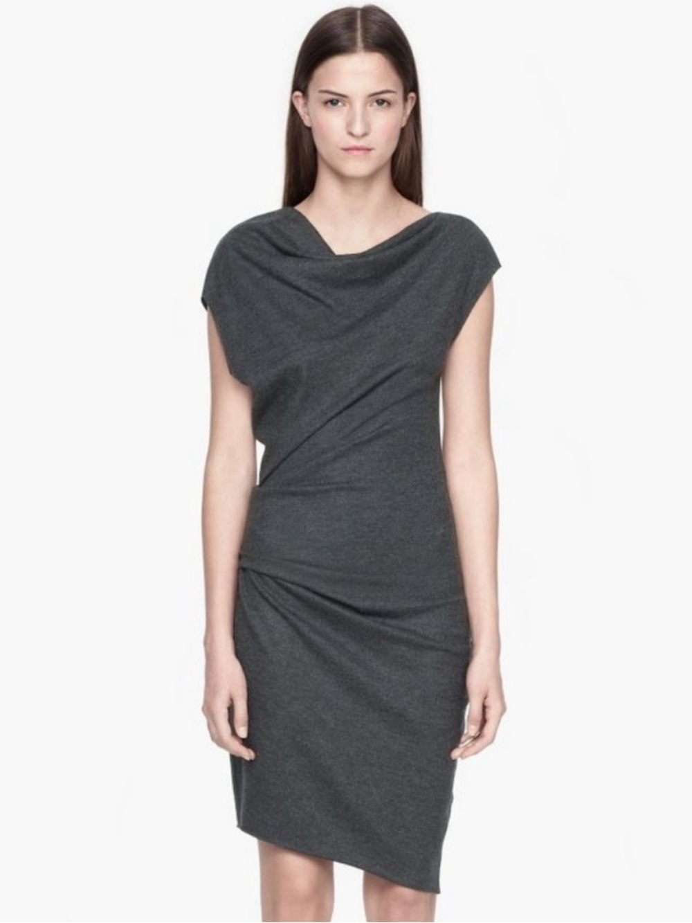 Helmut Lang Sonar Wool Dress Charcoal Gray Draped Asymmetric Size Large